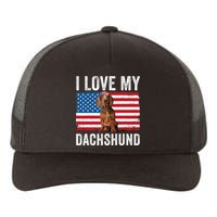 I Love My Dachshund Dad Mom American Flag Weiner Dog Doxie Yupoong Adult 5-Panel Trucker Hat