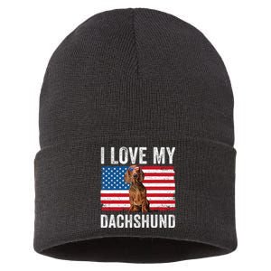 I Love My Dachshund Dad Mom American Flag Weiner Dog Doxie Sustainable Knit Beanie