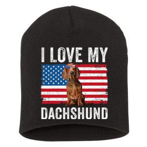 I Love My Dachshund Dad Mom American Flag Weiner Dog Doxie Short Acrylic Beanie