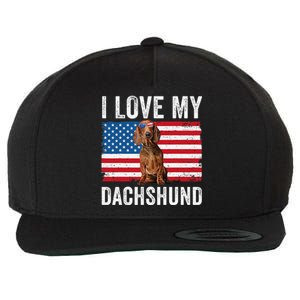 I Love My Dachshund Dad Mom American Flag Weiner Dog Doxie Wool Snapback Cap