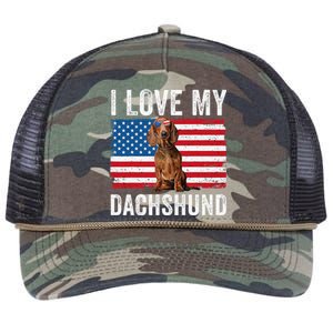 I Love My Dachshund Dad Mom American Flag Weiner Dog Doxie Retro Rope Trucker Hat Cap