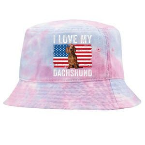 I Love My Dachshund Dad Mom American Flag Weiner Dog Doxie Tie-Dyed Bucket Hat