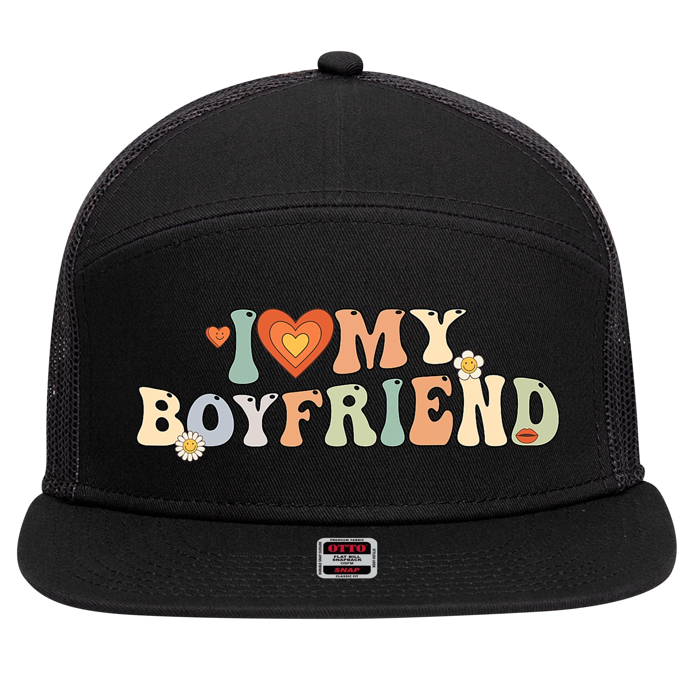 I Love My Boyfriend Groovy Retro I Red Heart My Boyfriend Bf 7 Panel Mesh Trucker Snapback Hat