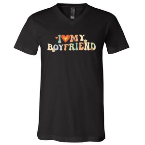 I Love My Boyfriend Groovy Retro I Red Heart My Boyfriend Bf V-Neck T-Shirt