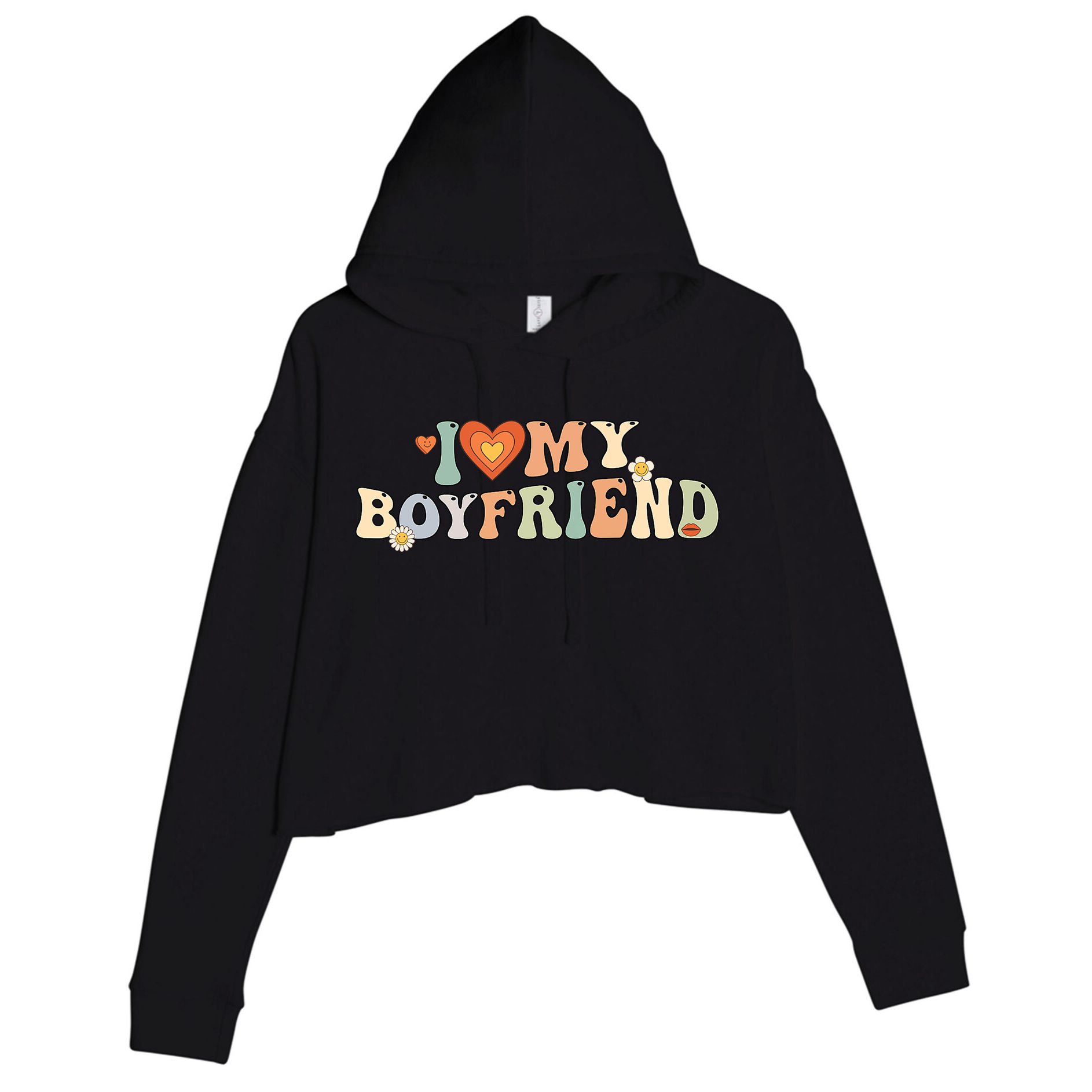 I Love My Boyfriend Groovy Retro I Red Heart My Boyfriend Bf Crop Fleece Hoodie