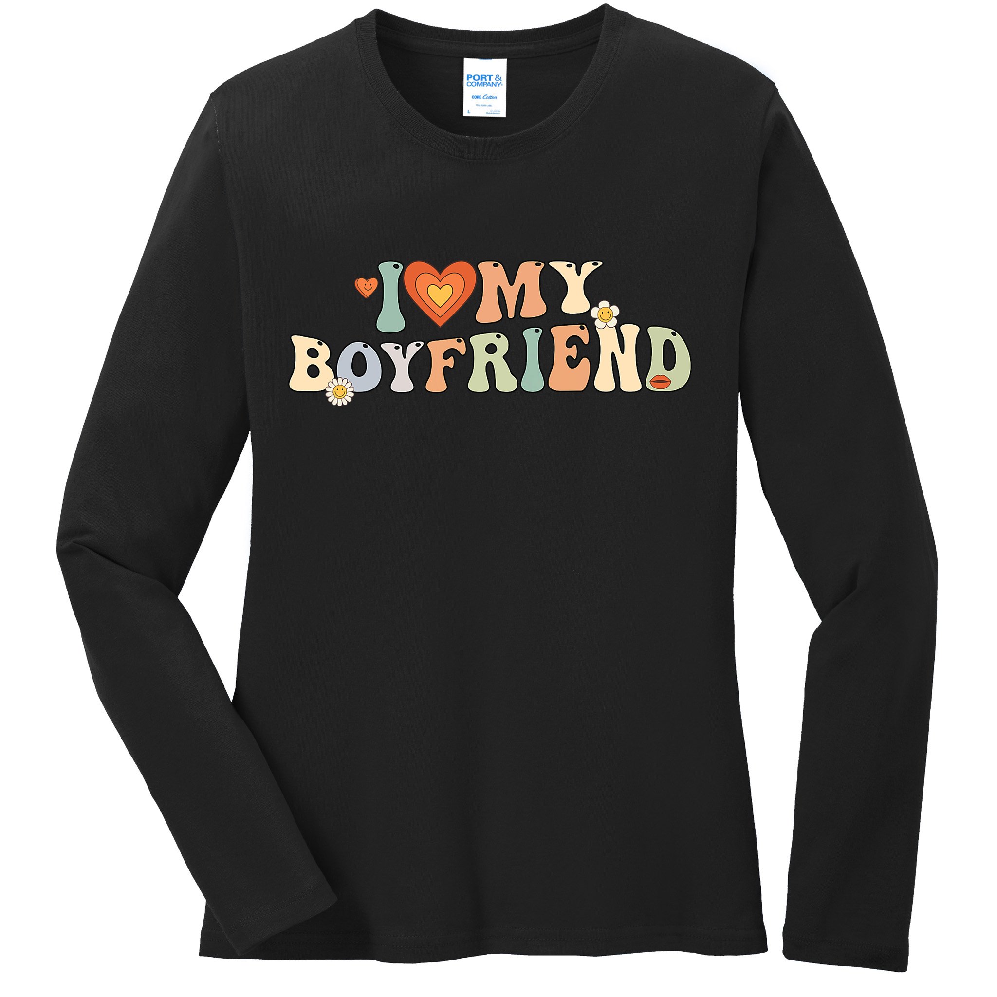 I Love My Boyfriend Groovy Retro I Red Heart My Boyfriend Bf Ladies Long Sleeve Shirt
