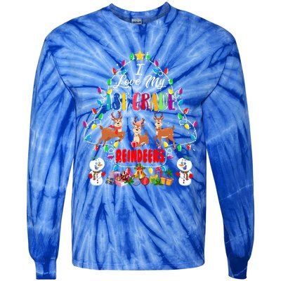 I Love My 1st Grade Reindeers Christmas Light Tree Teacher Funny Gift Tie-Dye Long Sleeve Shirt