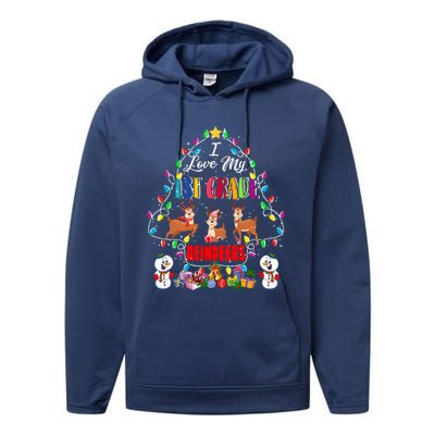 I Love My 1st Grade Reindeers Christmas Light Tree Teacher Funny Gift Performance Fleece Hoodie