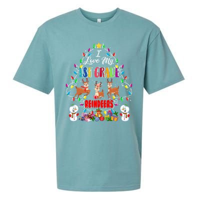 I Love My 1st Grade Reindeers Christmas Light Tree Teacher Funny Gift Sueded Cloud Jersey T-Shirt