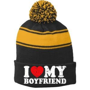 I Love My Boyfriend I Heart My Boyfriend Bf Stripe Pom Pom Beanie