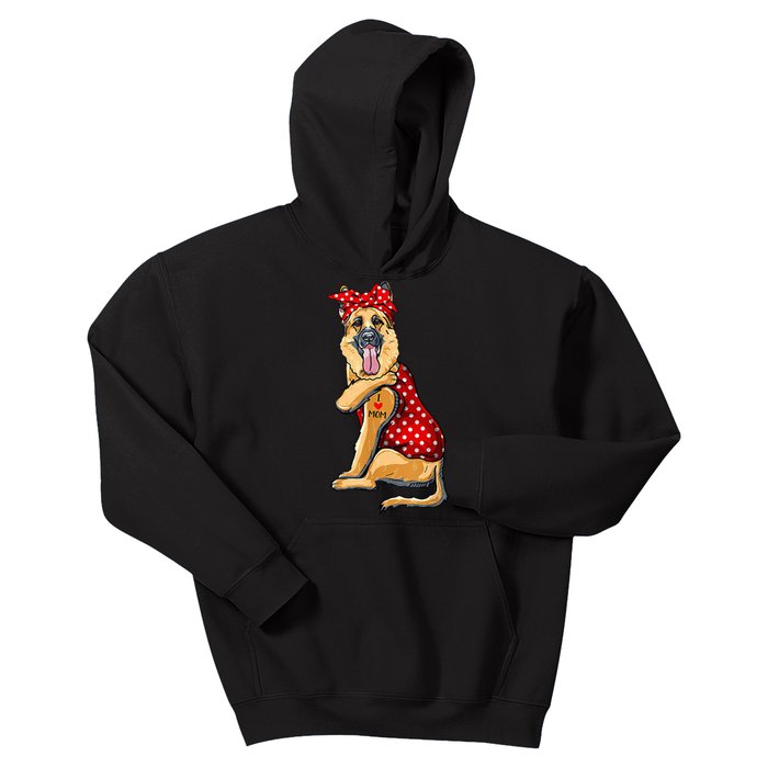 I Love Mom Tattoo Funny German Shepherd Dog Wearing Bandana Kids Hoodie