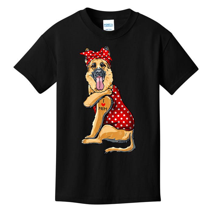 I Love Mom Tattoo Funny German Shepherd Dog Wearing Bandana Kids T-Shirt