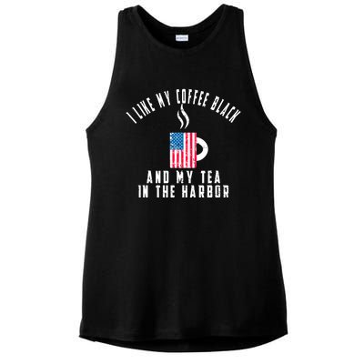 I Like My Coffee Black And My Tea In The Harbor US Flag Cup Ladies PosiCharge Tri-Blend Wicking Tank