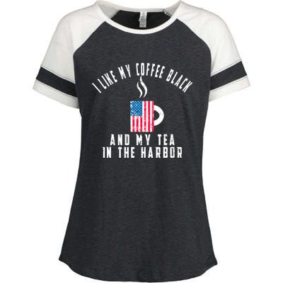 I Like My Coffee Black And My Tea In The Harbor US Flag Cup Enza Ladies Jersey Colorblock Tee