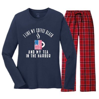 I Like My Coffee Black And My Tea In The Harbor US Flag Cup Women's Long Sleeve Flannel Pajama Set 