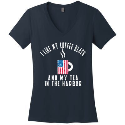 I Like My Coffee Black And My Tea In The Harbor US Flag Cup Women's V-Neck T-Shirt