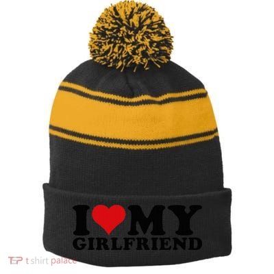 I Love My Girlfriend Gf I Heart My Girlfriend GF White  Stripe Pom Pom Beanie
