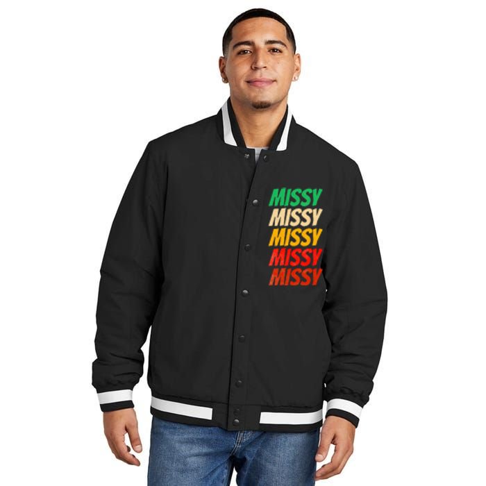 I Love Missy First Name Missy Vintage Insulated Varsity Jacket