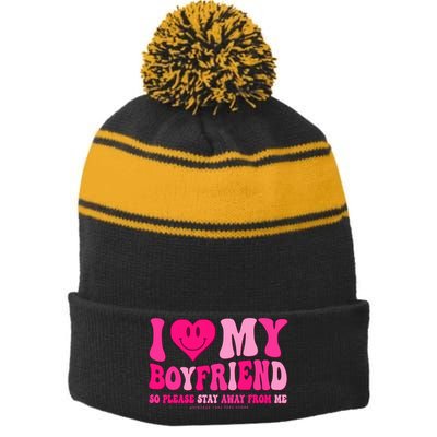 I Love My Boyfriend Valentines Day I Heart My Boyfriend Bf Stripe Pom Pom Beanie