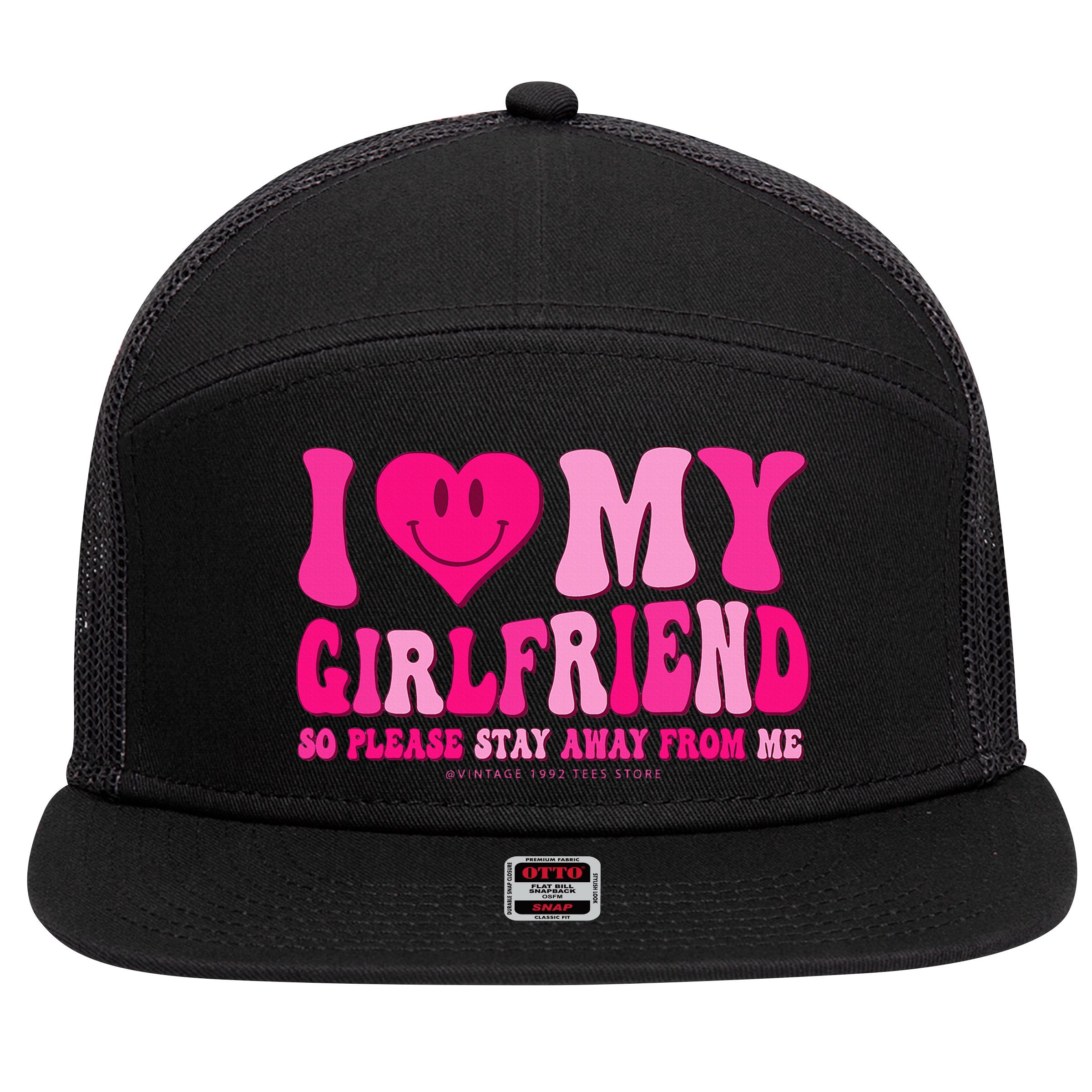 I Love My Girlfriend Valentines Day I Heart My Girlfriend GF 7 Panel Mesh Trucker Snapback Hat