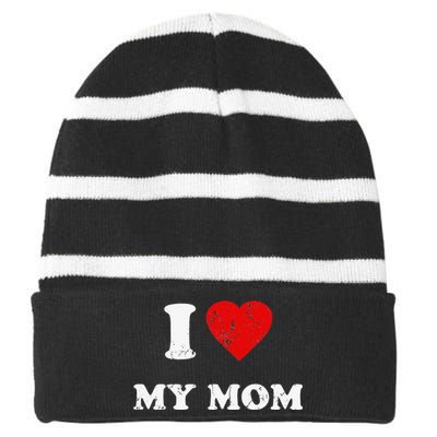 I Love My Mom Striped Beanie with Solid Band