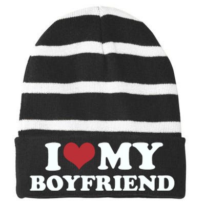 I Love My Boyfriend Striped Beanie with Solid Band