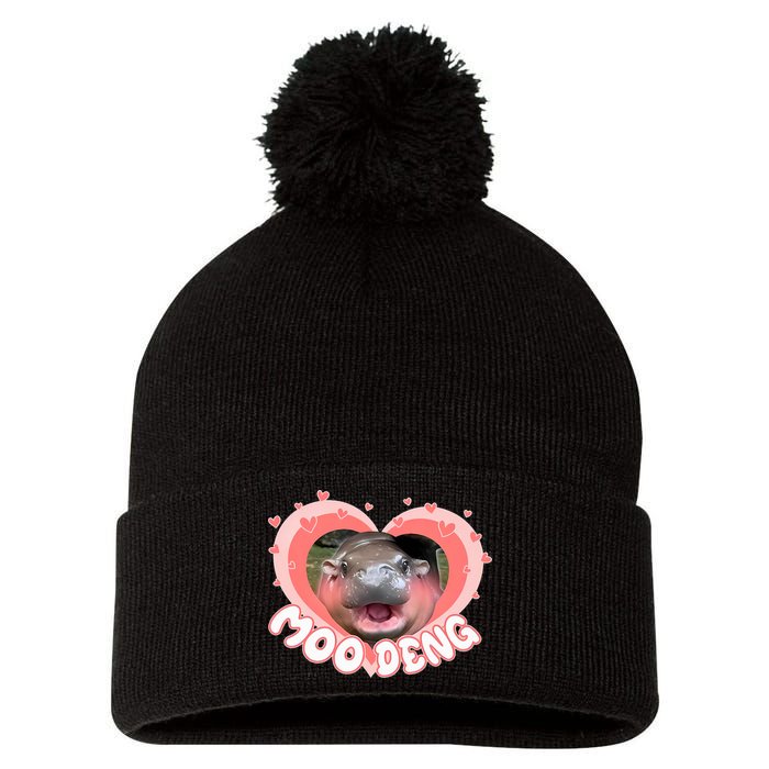 I Love Moo Deng Baby Hippo Moo Deng I Heart Moo Deng Pom Pom 12in Knit Beanie
