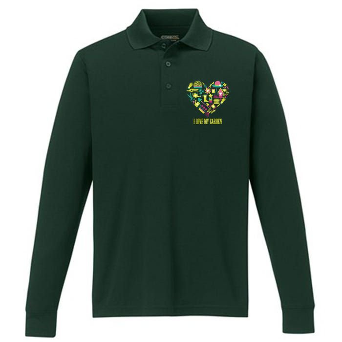 I Love My Garden Abstract Heart Performance Long Sleeve Polo