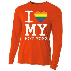 I Love My Hot Moms Rainbow Heart Son Daughter Gay Homosexual Gift Cooling Performance Long Sleeve Crew