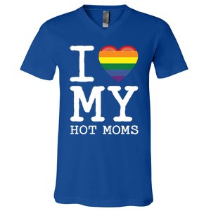 I Love My Hot Moms Rainbow Heart Son Daughter Gay Homosexual Gift V-Neck T-Shirt