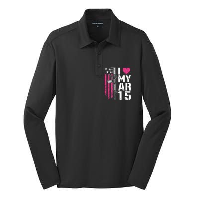 I Love My Ar15 Gift Pink Argift15 Rifle Owner Usa Flag Great Gift Silk Touch Performance Long Sleeve Polo