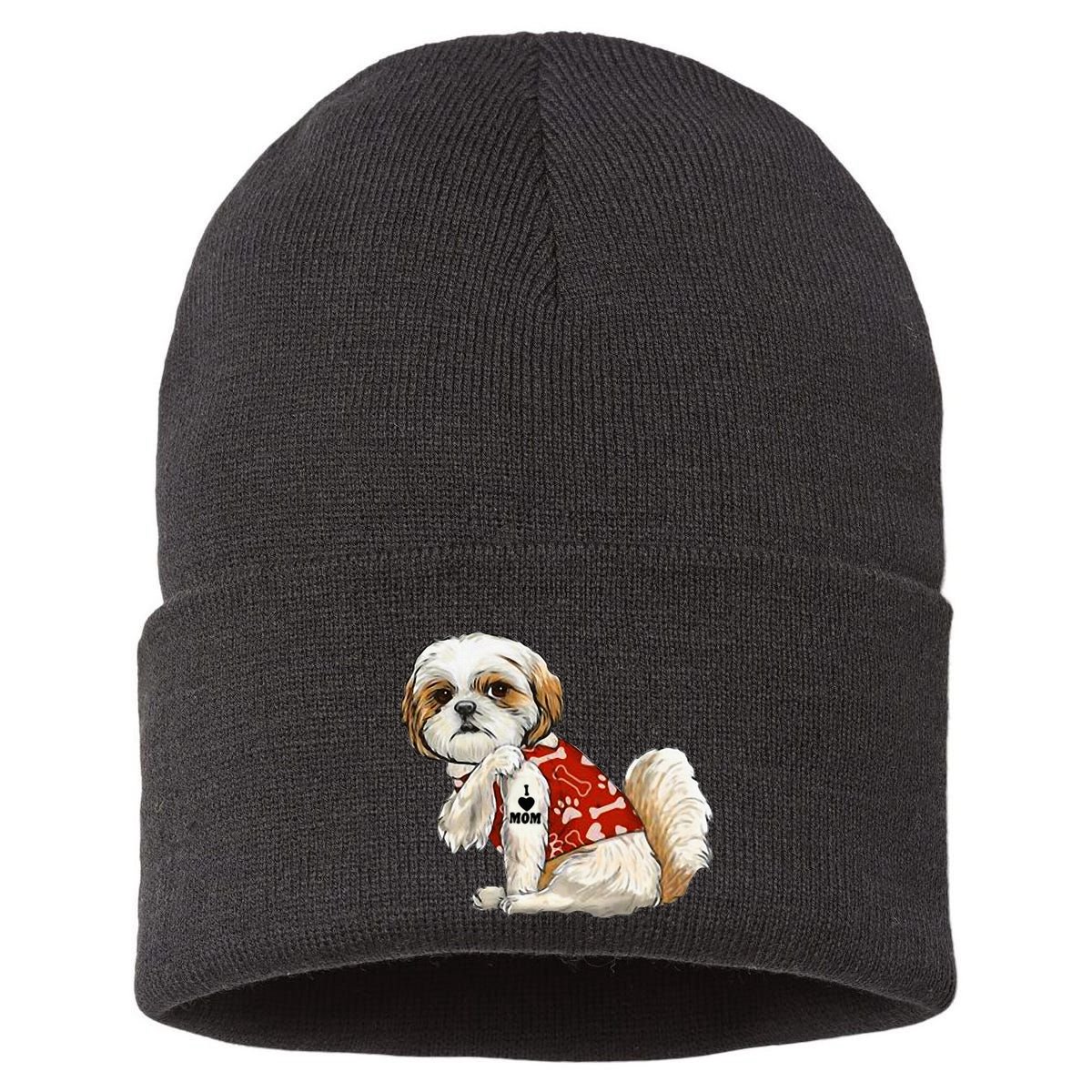 I Love Mom Tattoo Shih Tzu Mom Funny MotherS Day Gift Sustainable Knit Beanie