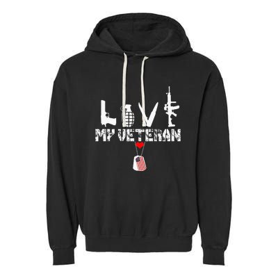 I Love My Veteran Flag Heart Dogtag Military Garment-Dyed Fleece Hoodie