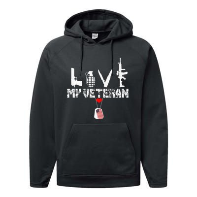 I Love My Veteran Flag Heart Dogtag Military Performance Fleece Hoodie