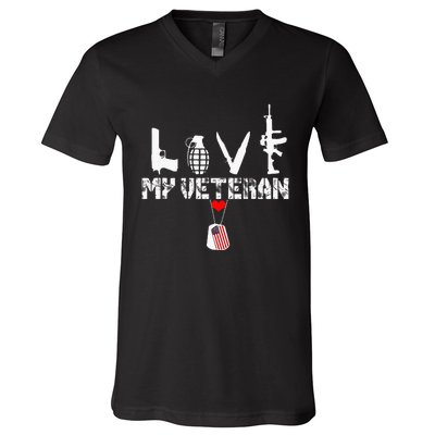 I Love My Veteran Flag Heart Dogtag Military V-Neck T-Shirt