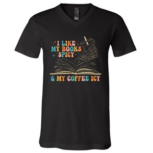 I Like My Books Spicy And My Coffee Icy Skeleton Hand Book V-Neck T-Shirt