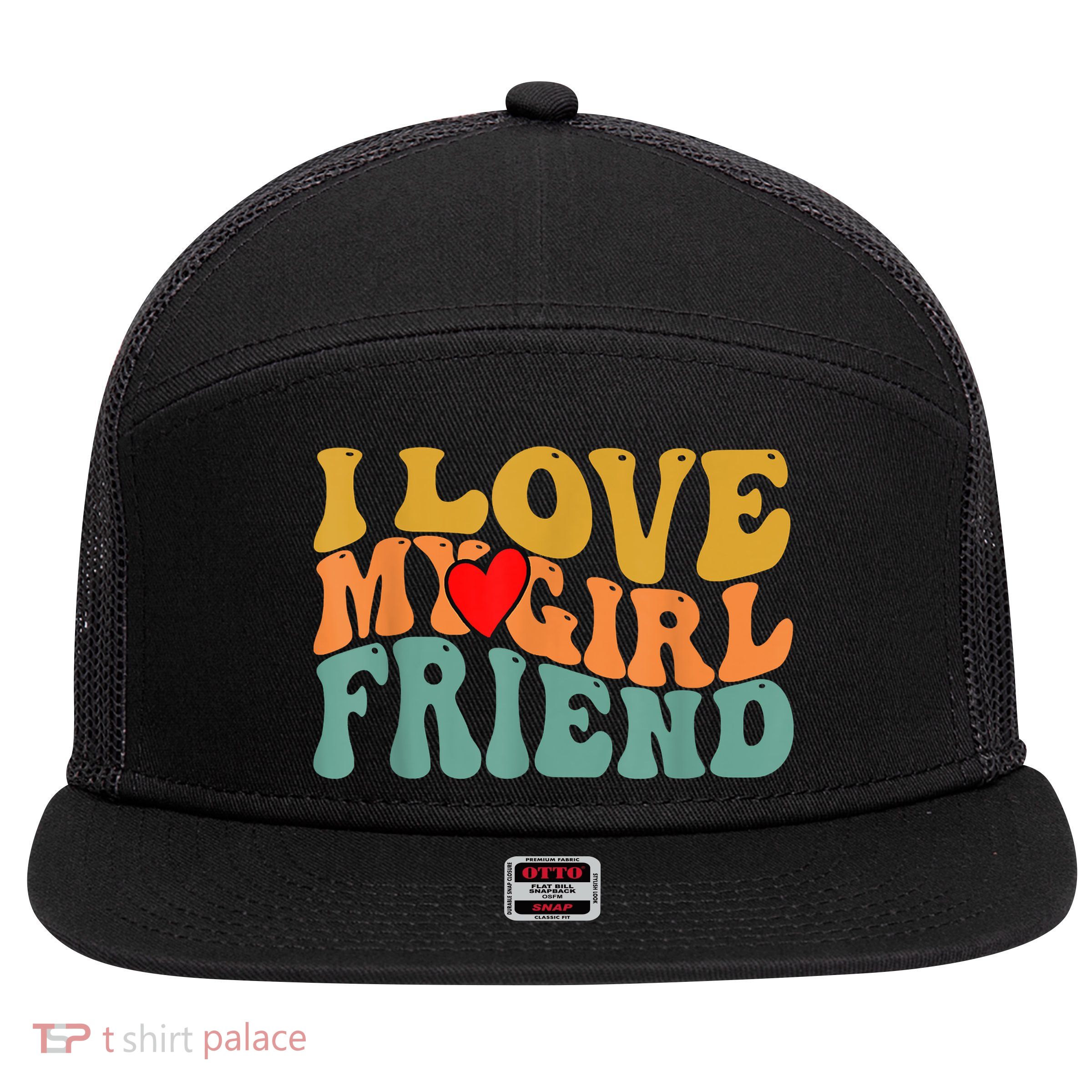 I Love My Girlfriend Red Heart Groovy Retro 7 Panel Mesh Trucker Snapback Hat