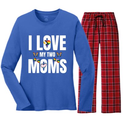 I Love My Two Moms Lesbian Lgbt Rainbow Flag Pride Month Gift Women's Long Sleeve Flannel Pajama Set 