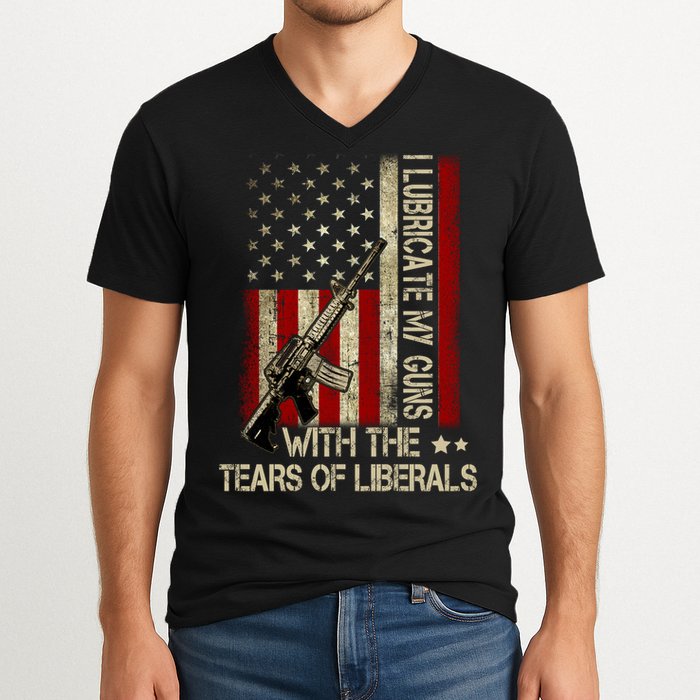 I Lubricate My Guns With The Tears Of Liberals US Flag V-Neck T-Shirt