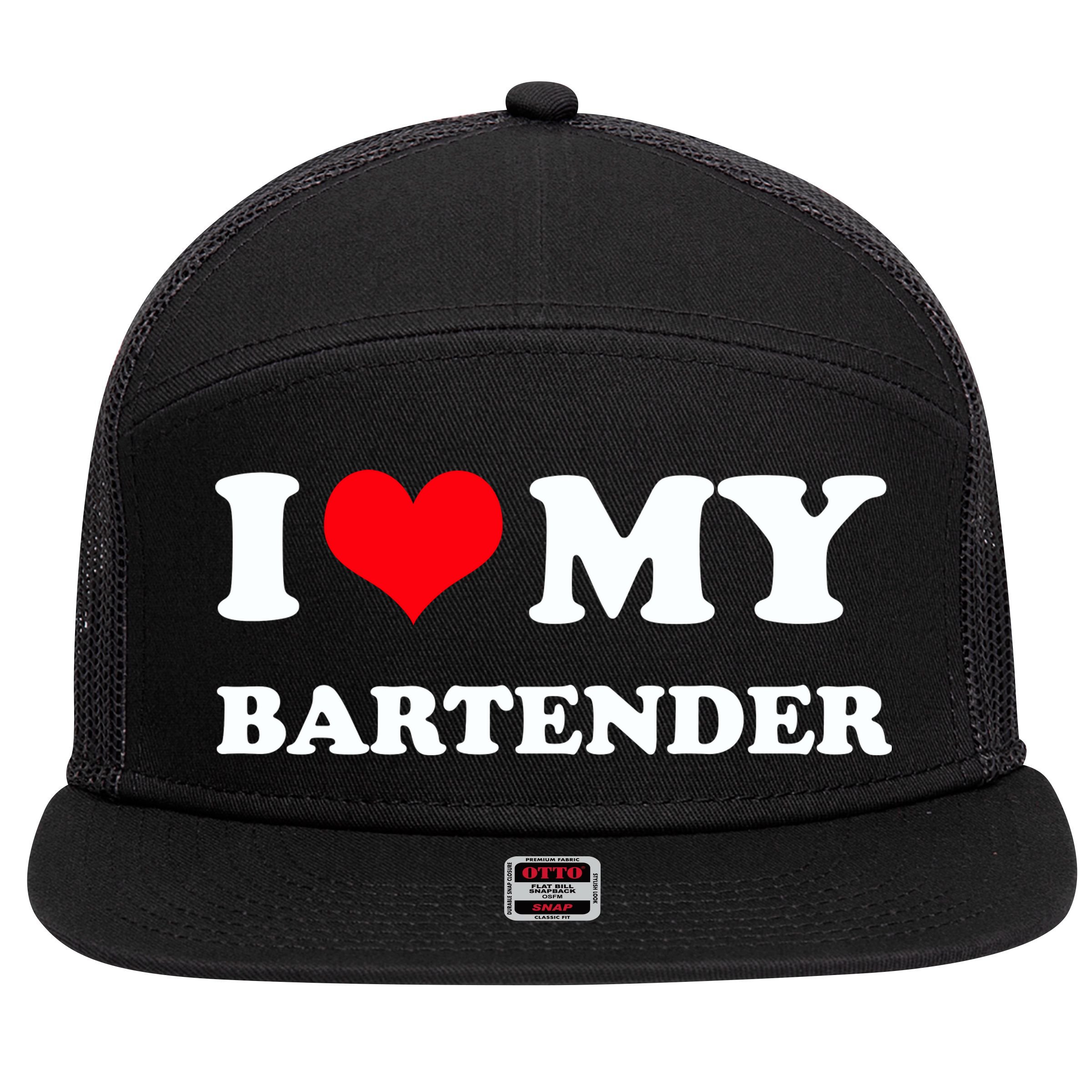 I Love My Bartender, I Heart My Bartender 7 Panel Mesh Trucker Snapback Hat