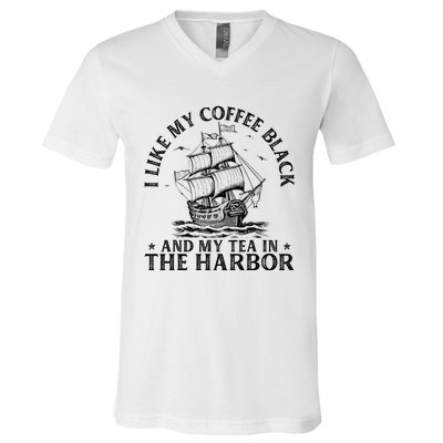 I Like My Coffee Black And My Tea In The Harbor Usa History V-Neck T-Shirt