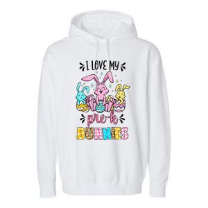 I Love My Pre K Bunnies Cute Teacher Easter Day Bunny Egg Garment-Dyed Fleece Hoodie