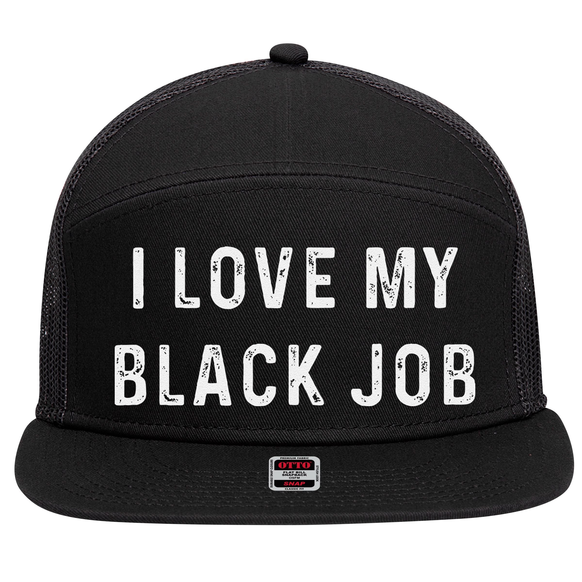 I Love My Black Job Heart Distressed 7 Panel Mesh Trucker Snapback Hat