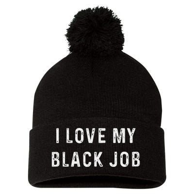 I Love My Black Job Heart Distressed Pom Pom 12in Knit Beanie