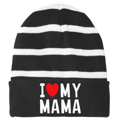 I Love My Mama Heart Celebrate Mom Striped Beanie with Solid Band