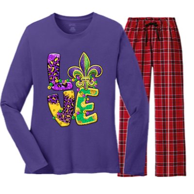 I Love Mardi Gras For Matching Family Fleur De Lis Women's Long Sleeve Flannel Pajama Set 