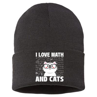 I Love Math And Cats Feline Animal Cat Lover Kitten Kitty Sustainable Knit Beanie