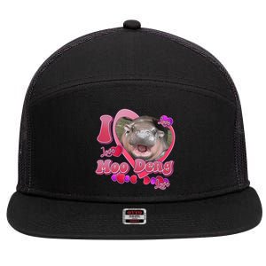 I Love Moo Deng Baby Hippo 7 Panel Mesh Trucker Snapback Hat