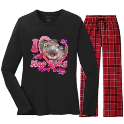 I Love Moo Deng Baby Hippo Women's Long Sleeve Flannel Pajama Set 