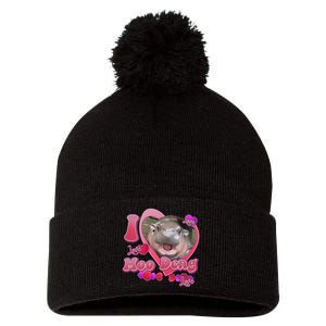 I Love Moo Deng Baby Hippo Pom Pom 12in Knit Beanie